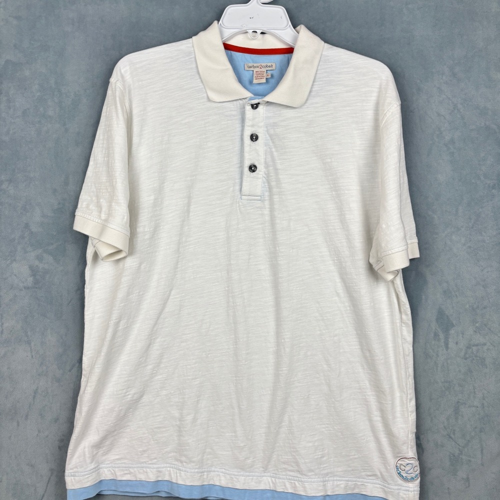 Carbon2Cobalt Mens Large White Slub Cotton Short Sleeve Polo Shirt Blue Trim